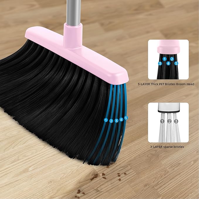 Broom and Dustpan Set, 54” Long Adjustable Handle Broom with Dustpan Combo Set Heavy Duty with Dust Pan Teeth to Clean Hair for Home Lobby Office (Medium Pink)