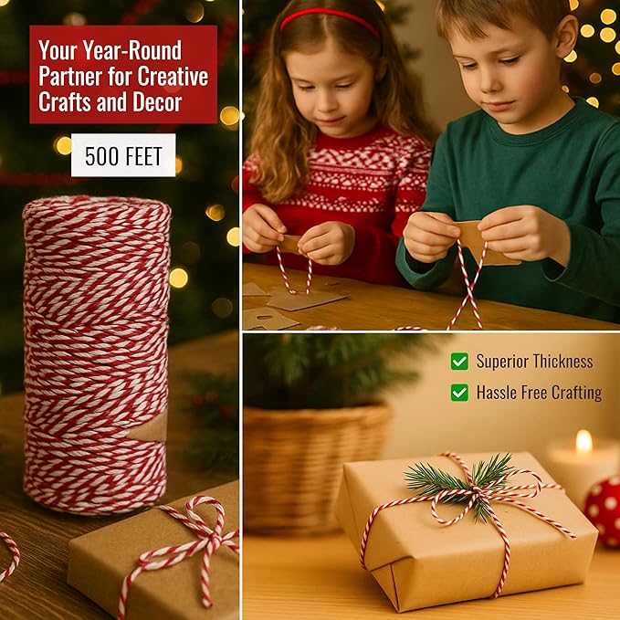 Red and White Organic Twine Cotton String - 500 Feet Wrapping, Baking, Butcher, Crafts, DIY Projects, Easter, Christmas