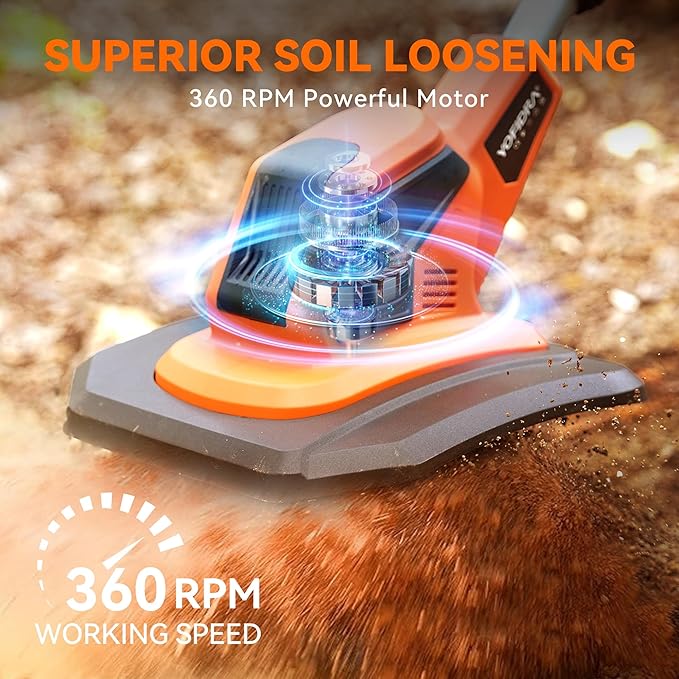 Cordless Tiller Cultivator, 21V 360RPM Electric Garden Tiller with 2x2.0Ah Battery & Charger, Battery Powered Garden Cultivator, 9" Width, 6.7" Depth, 48 Steel Tines Garden Rototiller for Gardening