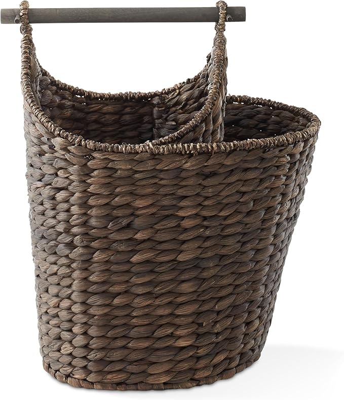Casafield Toilet Paper Roll Storage Basket with Magazine Holder, Espresso - Woven Water Hyacinth Wicker Bathroom Bin for Bath Tissue and Toiletries