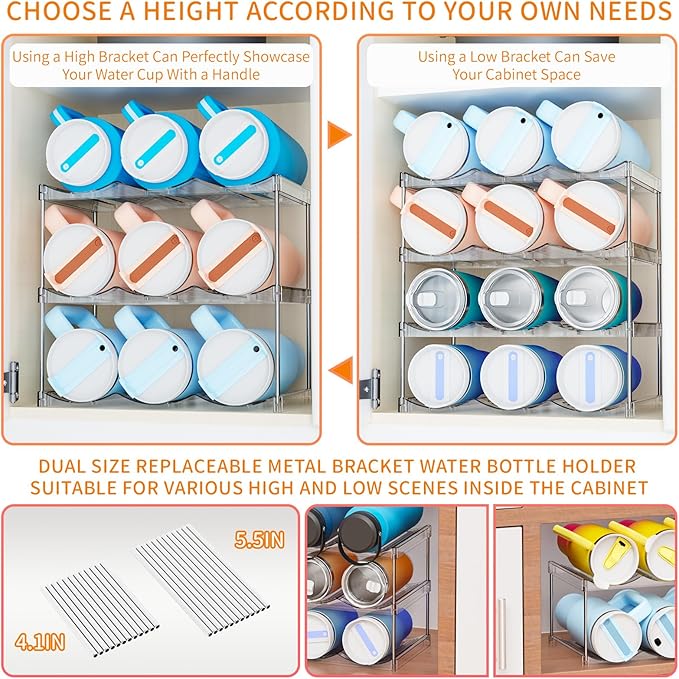 Yieach Stackable Water Bottle Organizer for Stanley,Yeti 40 oz and Others Tumbler Organizer,2 Tier Waterbottle Storage Rack,Clear Acrylic Cup Organizers for Kitchen Cabinets,Countertop,Pantry Shelf