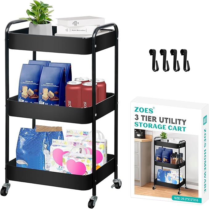 3 Tier Rolling Cart, Metal Utility Cart with 4 Hooks, Rolling Storage Cart on Wheels, Small Organizer Cart for Nursery, Kitchen, Living Room, Bathroom, Black
