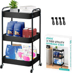 3 Tier Rolling Cart, Metal Utility Cart with 4 Hooks, Rolling Storage Cart on Wheels, Small Organizer Cart for Nursery, Kitchen, Living Room, Bathroom, Black