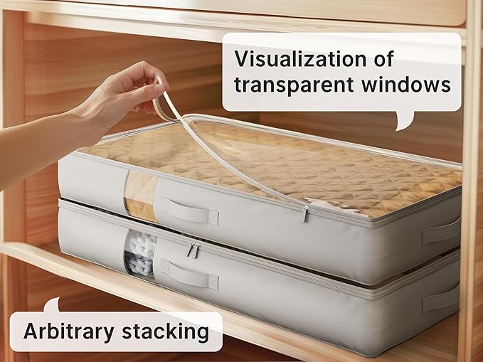 Under Bed Storage Containers with Window, Closet Organizers and Storage Bags, Foldable Underbed Storage Bags for Blankets, Clothing, Comforter, Linen Sheets, Wrapping Paper, 3 Pack, Grey