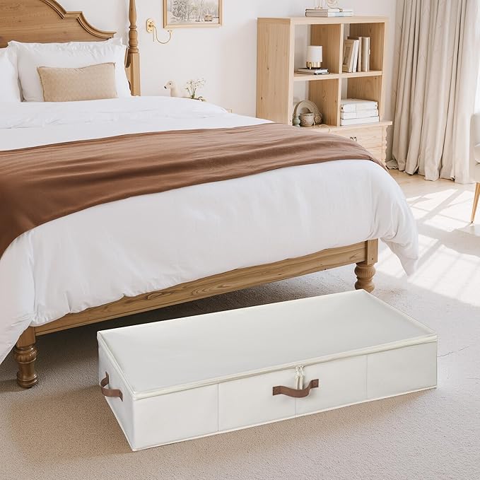 StorageWorks Large Underbed Storage with Lid, 2-Pack Under Bed Storage Containers for Clothes, Bedding, and Sweaters, Beige