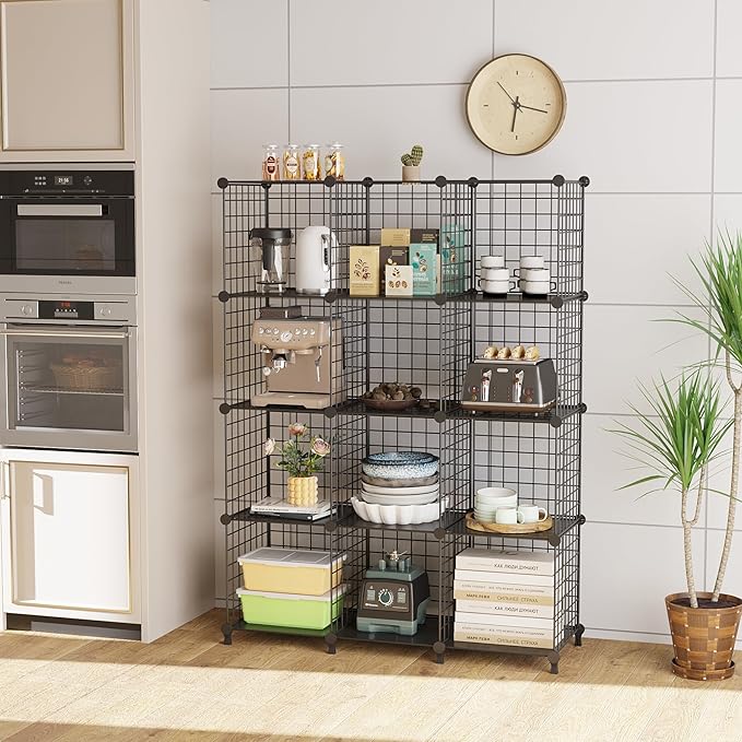 12-Cube Storage Organizer, Metal Wire Cube Shelving Unit, 11.8" L x 11.8" W x 11.8" H, Modular Grid Bookshelf for Closet, Bedroom, Office, Black ATTJL12B