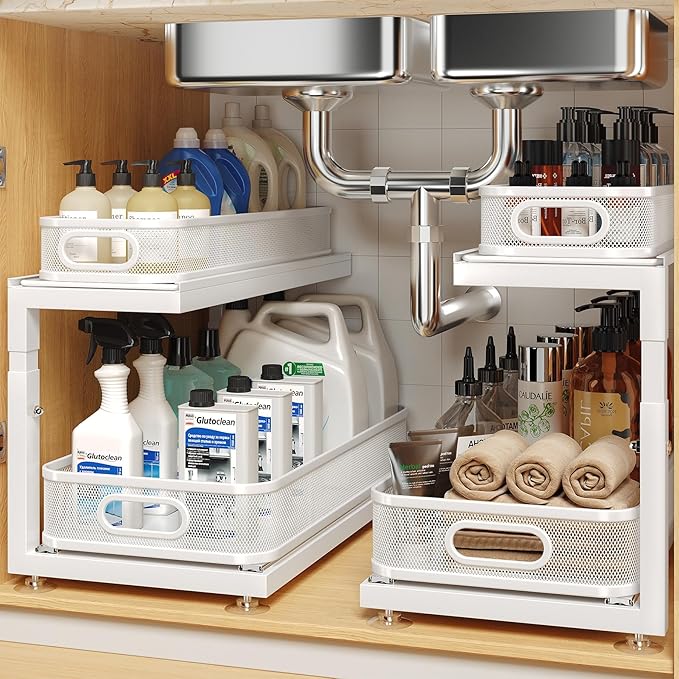 2-Pack 18.5 IN Depth Under Sink Organizer With Next-Gen Ball-Bearing Slides,Sophisticated Mesh 2-Tier Pull Out Shelf for Kitchen & Bathroom,Fits Small Items-White(Patented)