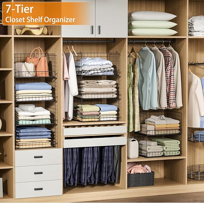 7-Tier Stackable Closet Organizers and Storage Shelves, Foldable Closet Shelf Organizer System, Stackable Storage Bins Drawers for Closet Organizer System, Black(Patent Pending)