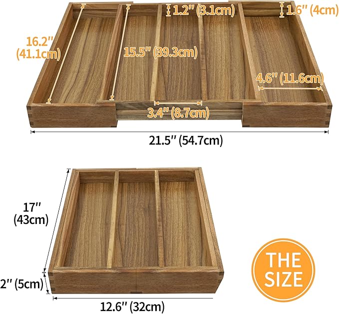 Luxury Acacia Silverware Organizer -Kitchen Drawer Organizer - Utensil Holder and Cutlery Organizer with Grooved Drawer Dividers for Flatware and Kitchen Utensils (5 Slot)