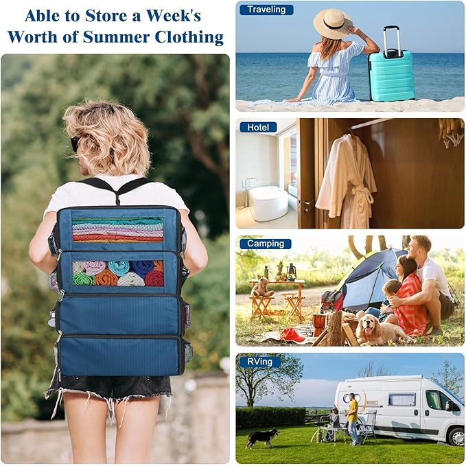Suitcase Organizer, Carry on Closet Luggage Organizers Accessories for Travel, Foldable and Hangable Portable Hanging Travel Shelves with a Shoulder Strap to Use As a Travel Backpack Medium, Navy Blue