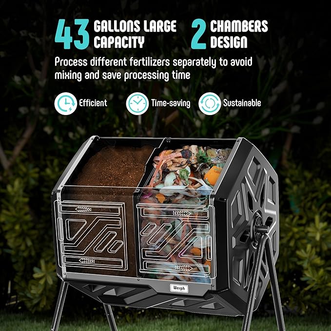 Compost Bin Outdoor Composter, Fast Assembly 43 Gallon Dual Chamber Outdoor Compost Tumbler, Heavy Duty Tumbling Rotating Composter for Patio, Garden,Yard, Black, Easy Setup, Gloves Included