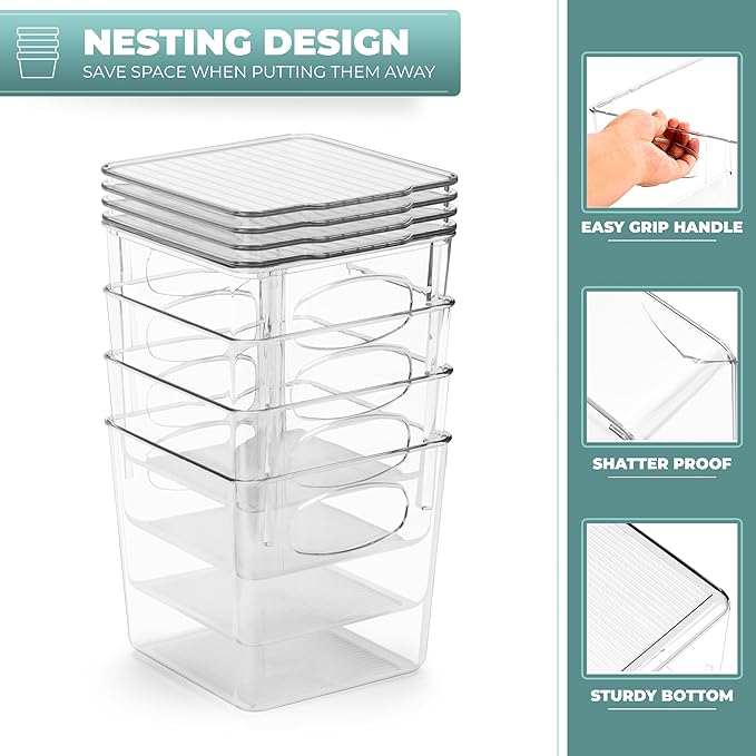 Sorbus Small Plastic Storage Bins (4 Pack) – Clear Bins for Kitchen, Pantry, Fridge, Cabinet, and Refrigerator – Stackable Storage Containers for Home Organization
