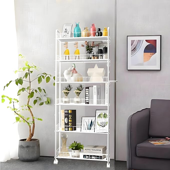 6 Tier 6in Slim Rolling Cart with Handle, White Mobile Shelving Unit with Wheels, Metal Wire Storage Rack with Baskets for Kitchen Bathroom Office Laundry Narrow Piaces
