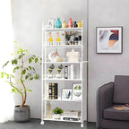 6 Tier 6in Slim Rolling Cart with Handle, White Mobile Shelving Unit with Wheels, Metal Wire Storage Rack with Baskets for Kitchen Bathroom Office Laundry Narrow Piaces