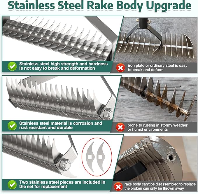 Lawn Rake for Yard, 304 Stainless Steel Thatch Rake for Lawns - Heavy Duty Dethatcher Blades with Adjustable Handle , Efficient Dethatching Rakes for Cleaning Dead Grass, Loosening Soil