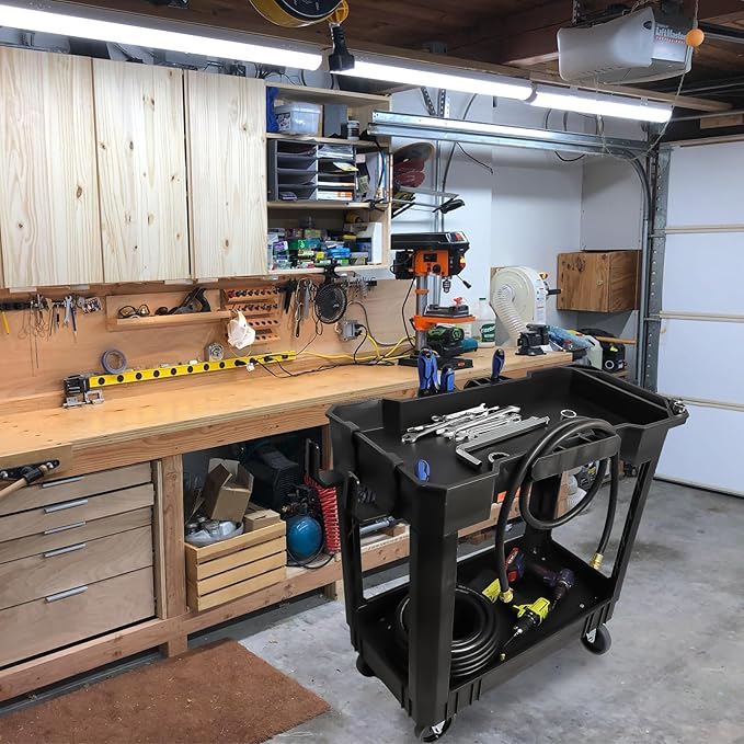 AAIN 2 Shelf Heavy Duty Plastic Utility Cart, Supports Up to 500 Pound Black Rolling Utility Cart. 34 x 17 Inch Service Cart, 4 Wheels, Ergonomic Handle Great for Warehouse,Garage, Cleaning