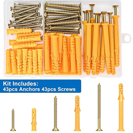 Aovchei Drywall Anchors Kit, 86pcs, 43 Plastic Drywall Anchors and 43 Philips Flat Head Screws, 3 Size #8 * 40#8 * 60#8 * 80, Wall Hanging Kit for Hanging Picture Frame, Shelf Brackets, Curtain Rod