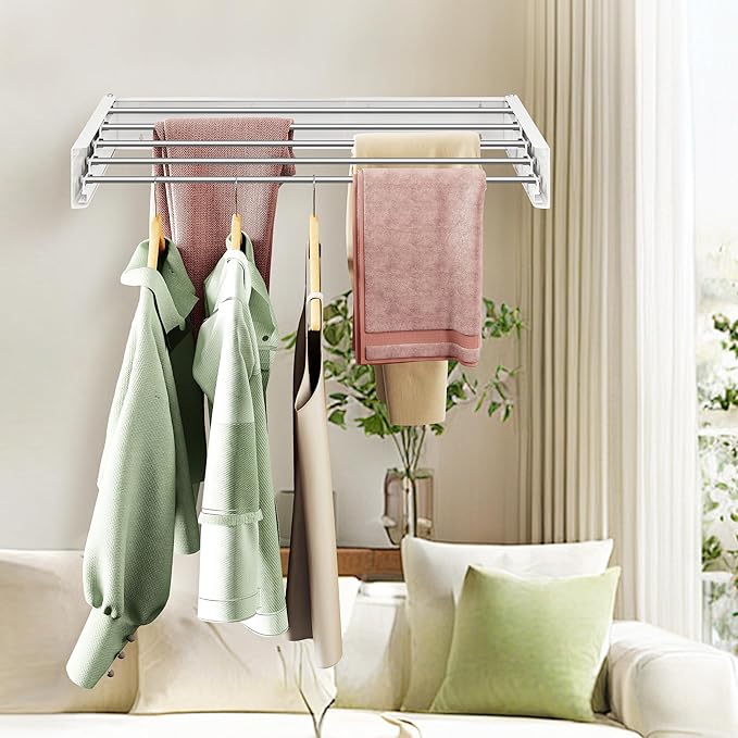 Wall Mounted Clothes Drying Rack 32 inches,Foldbale Laundry Drying Rack Wall Mount,Drying Rack Clothing Space Saver,Retractable,Collapsible,Folding Laundry Rack,White