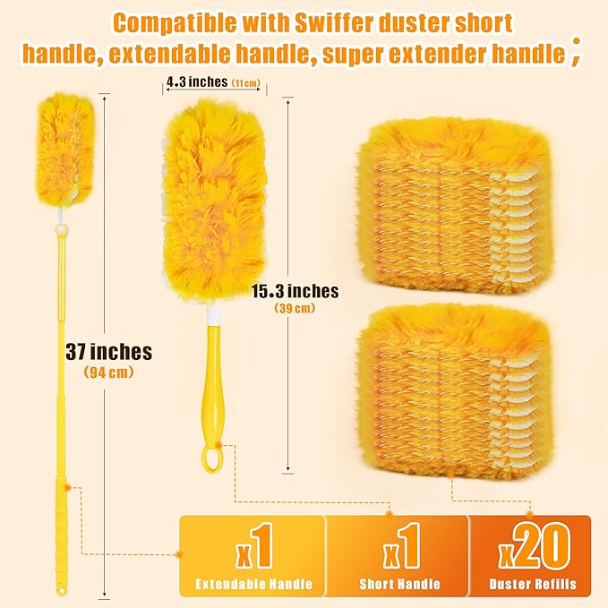 JEHONN Duster Refills for Swiffer 20 Counts, 360 Degree Heavy Duty Dusting Kit with 1 Extendable Handle + 1 Short Handle, Multi-Surface Dust Cleaning Tool for Blinds Bookshelf Furniture Electronics