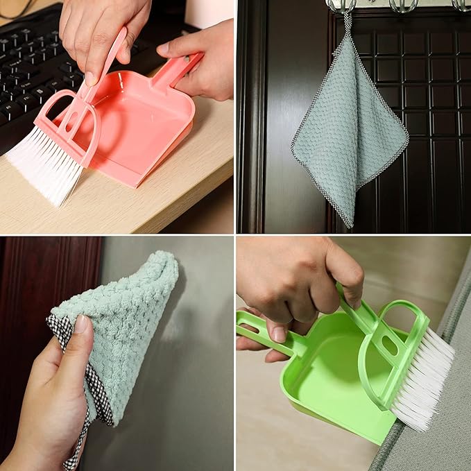 Lamoutor 3 Pack Mini Hand Broom and Dustpan Set Small Dust Pans with Brush Set Cleaning Tool for Desk, Car and Animal Waste Mixed Color
