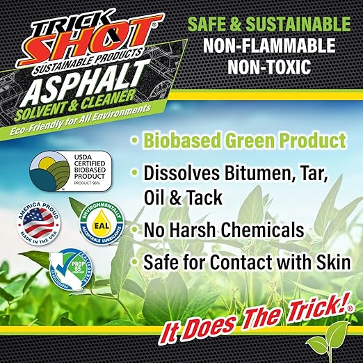 Trick Shot Asphalt Solvent and Cleaner - Biodegradable Industrial Degreaser for Paving Equipment & Tools - Eco-Friendly Remover of Tar, Tack, Sealcoating Oil, & Bitumen, Made in USA (6-Pack)