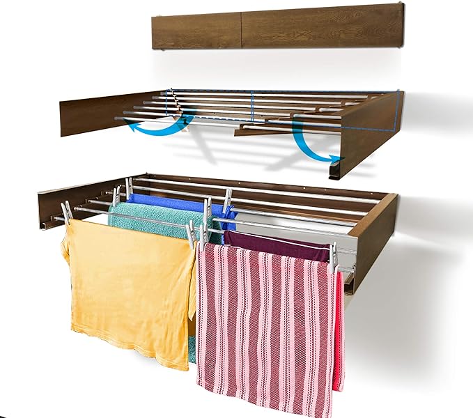 Step Up Laundry Drying Rack (40-INCH Wide - Wood-Look), Wall Mounted, Retractable Clothes Drying Rack, 60lbs Capacity, 20 Linear Ft, with Wall Template and Long Screwdriver Bit