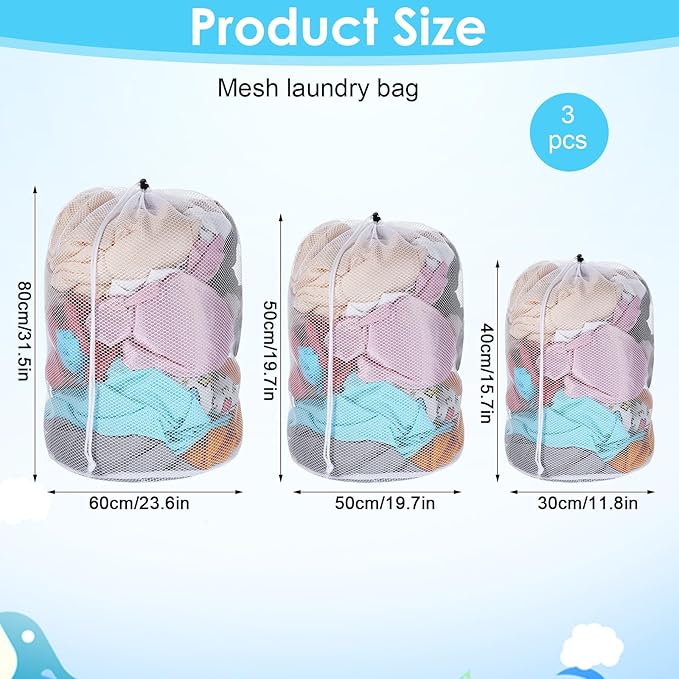 Thinp 3 Pcs Mesh Laundry Bags, Mesh Wash Bags Heavy Duty Washing Bag with Drawstring Machine Washable Garment Bag for Dormitory College Apartment Travelling Camping (White)