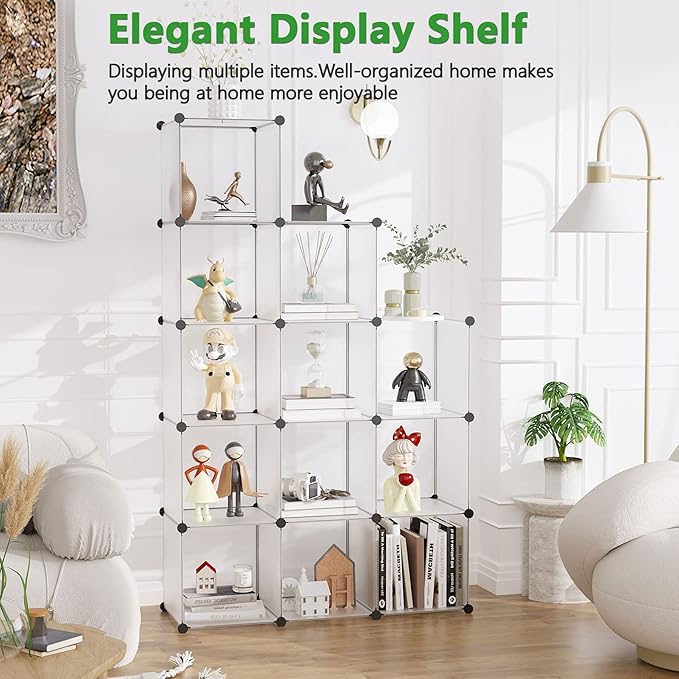 C&AHOME Cube Storage Organizer, 12-Cube Closet Cabinet Organizer, DIY Cube Shelf, Plastic Stackable Bookshelf, Modular Shelving Units Ideal for Home, Office, 36.6" L x 12.4" W x 48.4" H White SHS3012A