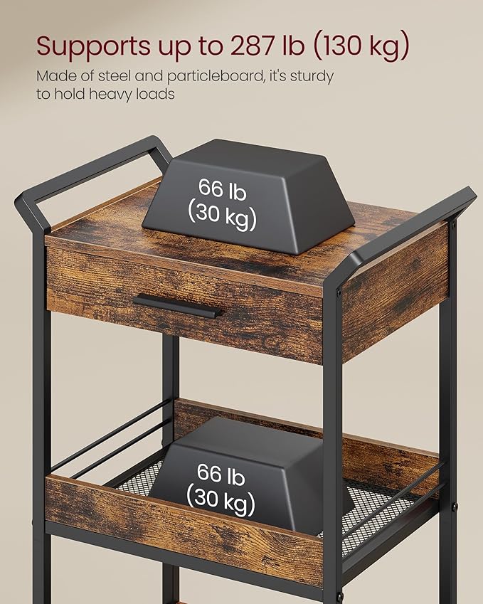 VASAGLE Storage Cart, 4-Tier Rolling Utility Cart with Table Top, Handles, 4 Lockable Casters, Top Drawer, Mesh Shelves, for Kitchen, Bathroom, Bedroom, Rustic Brown and Ink Black ULRC049K01