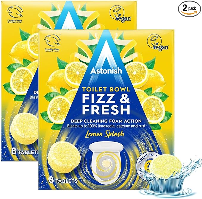 Astonish Foaming Lemon Splash Toilet Bowl Cleaner - Deep Cleaning Limescale, Calcium & Rust - No Bottle, Removes Hard Stains - 16 tablets (2 Boxes of 8)
