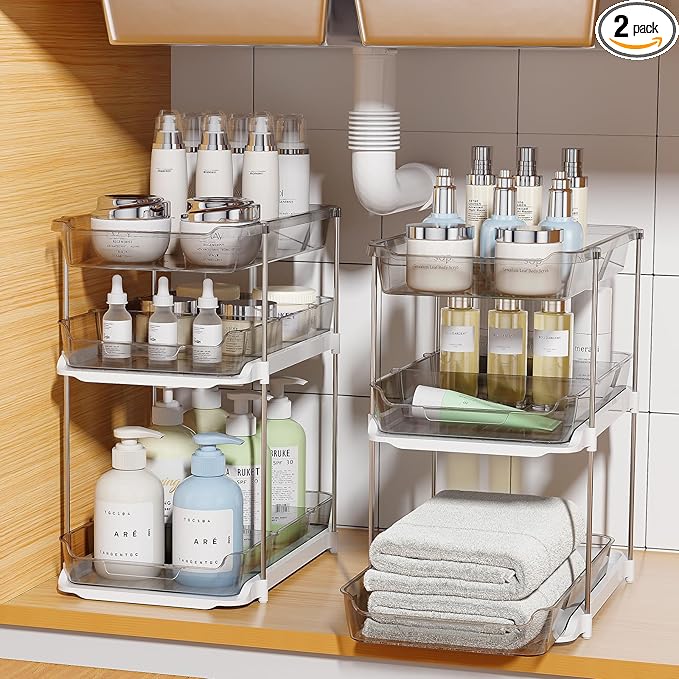 Delamu 2 Pack 3-Tier Bathroom Under Sink Organizers and Storage, Multi-Purpose Stackable Pantry Organization and Storage, Pull Out Clear Kitchen Bathroom Cabinet Organizer with Movable Dividers, Grey