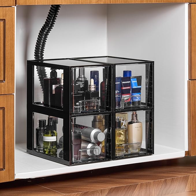 Vtopmart 4 Pack Large Stackable Storage Drawers,Black,Easily Assemble Acrylic Bathroom Closet Undersink Organizers and Storage,Plastic Bins for Kitchen Cabinets,Pantry,Makeup,Medicine Organization