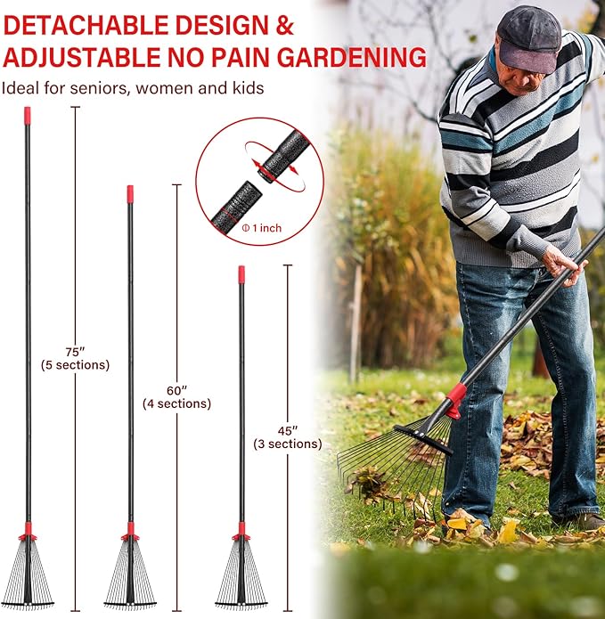 Rake for Leaves - Metal Leaf Rake for Lawn & Narrow Beds with Expandable Head 9-17", 75" Adjustable Long Handle for Children Adults No Pain Gardening, Portable Camping Rakes, Threaded Quick Install