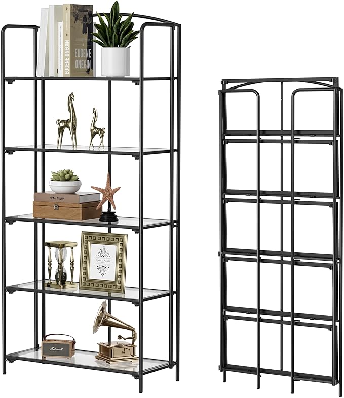 Crofy No Assembly Folding Bookshelf for Living Room, 5 Tier Black Collapsible Book Shelf for Home Office, Portable Bookcase Storage Organizer