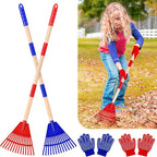 2 Pcs 35'' Kids Rakes for Leaves - Plastic Rake Head with 2 Pairs Kids Gloves, Small Kids Lawn Rakes Detachable Wooden Handle, Autumn Garden Tool Set for Kids Boys and Girls, Red & Blue, 3yr+