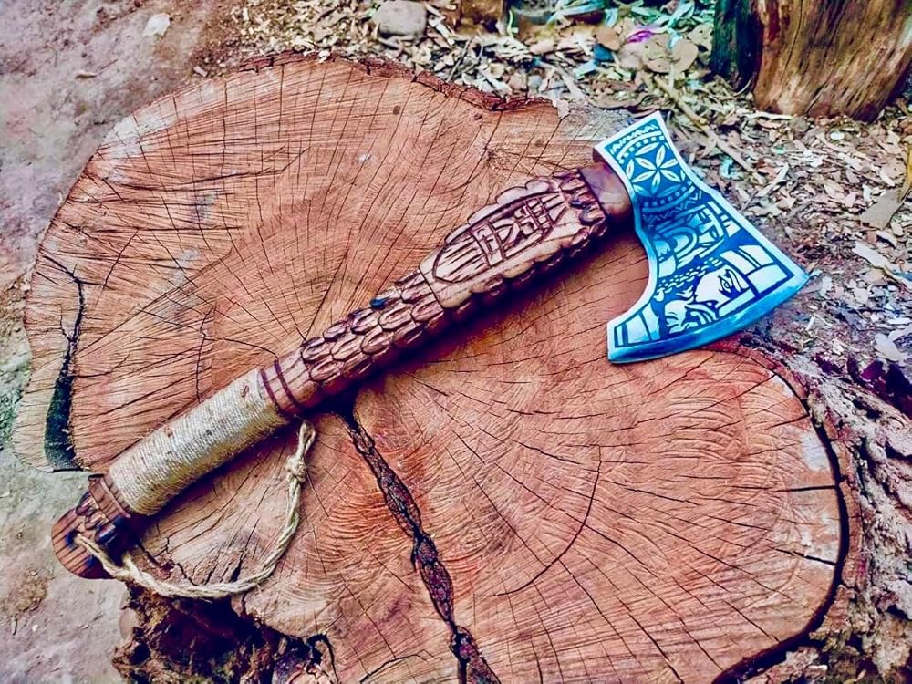 | custom handmade Viking medieval Axe with Viking gift,Hand Axe,Viking Gifts for Men,Camping Tomahawk,Bearded,Valhalla Axe with Leather Sheath (Battle axe) (Handmade)