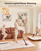 Cordless Vacuum Cleaner, 8-in-1 Lightweight Stick Vacuum with 45mins Runtime, Powerful Suction, Rechargeable Cordless Vacuum for Carpet, Tile, Pet Hair, Hardwood Floors, Red