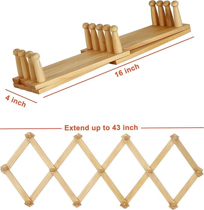 Dseap Accordian Wall Hanger: 16” High Wooden Wall Expandable Coat Rack, Hat Rack Holder, Accordion Hook for Baseball Caps, Coats, Mugs, 13 Peg Hooks, Natural