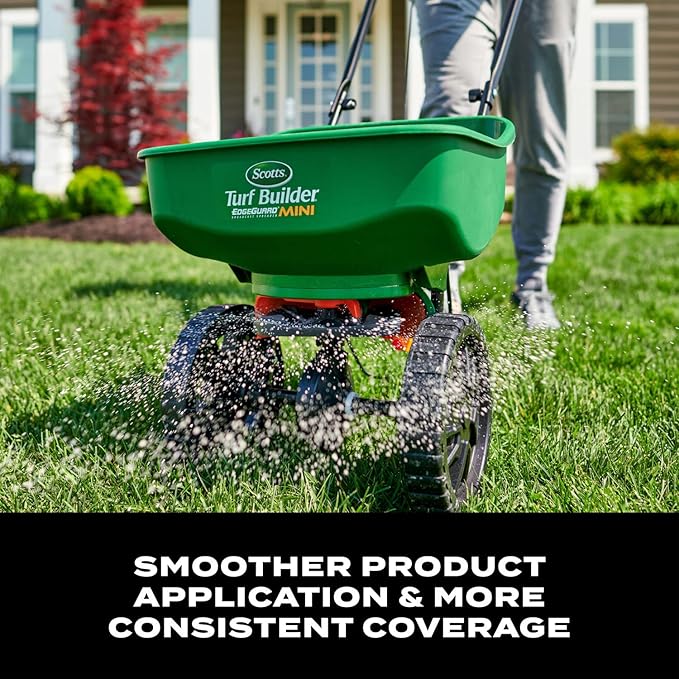 Scotts Turf Builder EdgeGuard Mini Broadcast Spreader for Seed, Weed and Feed, Fertilizer, Salt, Ice Melt, Push Spreader Holds up to 5,000 sq.ft. Product