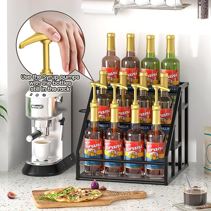 Coffee Syrup Rack Organizer, Spice Racks, Syrup Bottle Holder Stand for Coffee Bar, 3-Tier 12 Bottles Storage Shelves for Syrup, Wine, Dressing for Kitchen Countertop, Grey