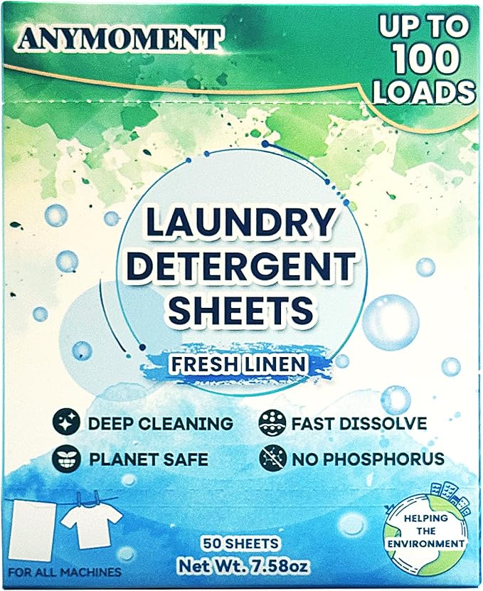 Anymonent Laundry Detergent Sheets (100 Loads) – Powerful Enzyme Formula, Deep Clean & Quick Dissolve, Fresh Scent, Eco-Friendly & Sensitive Skin Safe – 50 Sheets