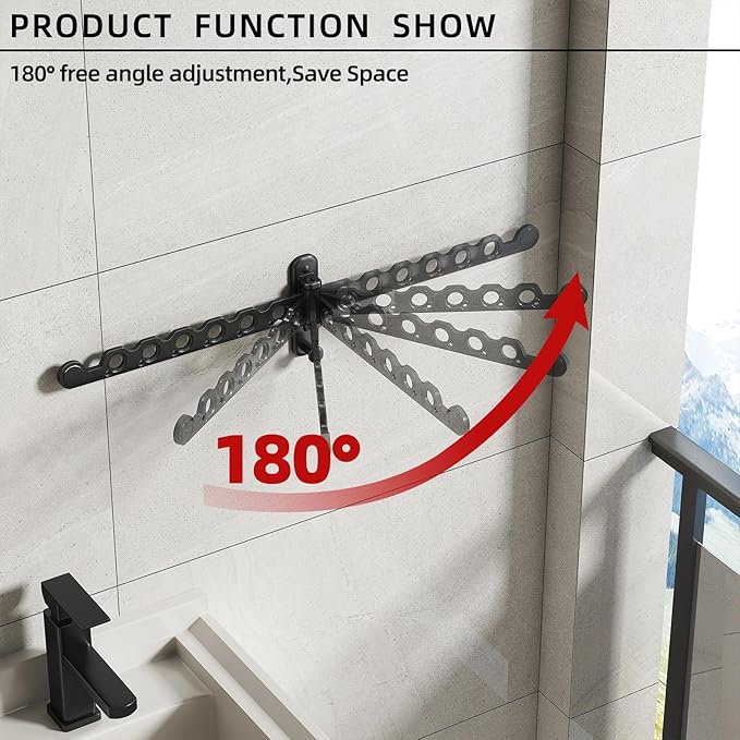 Wall Mounted Clothes Hanger Rack Foldable Drying Rack Hook Folding Indoor for Laundry Room Organization Bedroom Collapsible Racks Perfect for Small Spaces, 6 Hole Black 2 Packs