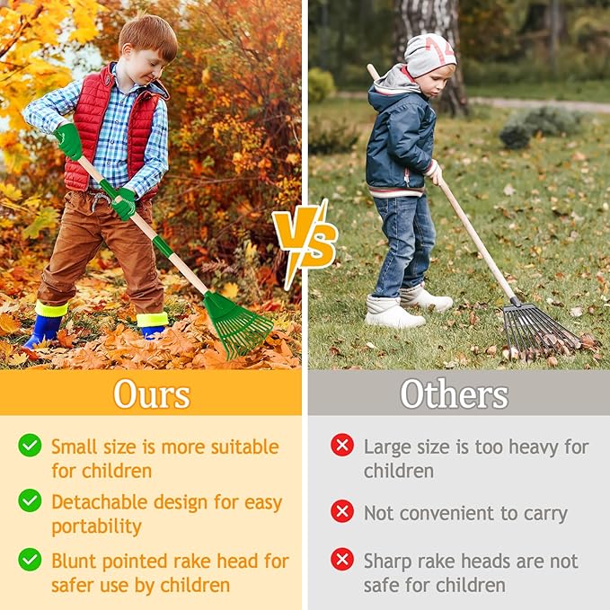 2 Pcs 35'' Kids Rakes for Leaves - Plastic Rake Head with 2 Pairs Kids Gloves, Small Kids Lawn Rakes Detachable Wooden Handle, Autumn Garden Tool Set for Kids Boys and Girls, Green, 3yr+