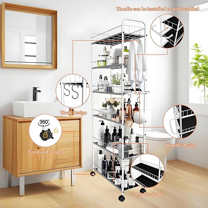 6 Tier 10in Slim Rolling Storage Cart with Handle, White Mobile Shelving Unit with Wheels, Metal Wire Storage Rack with Baskets for Kitchen Bathroom Office Laundry Narrow Piaces