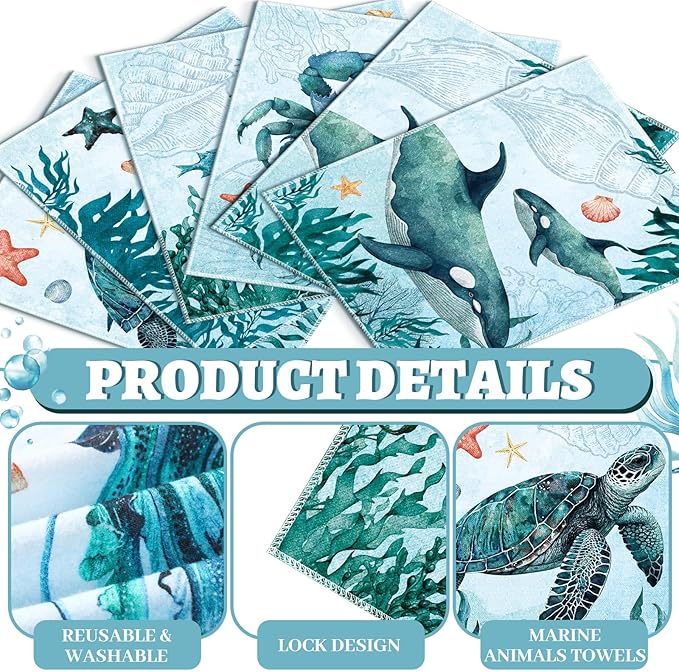 36 Count Reusable Cleaning Cloths Washable Cotton Kitchen Towels for Home(Sea Animals Style,Blue)