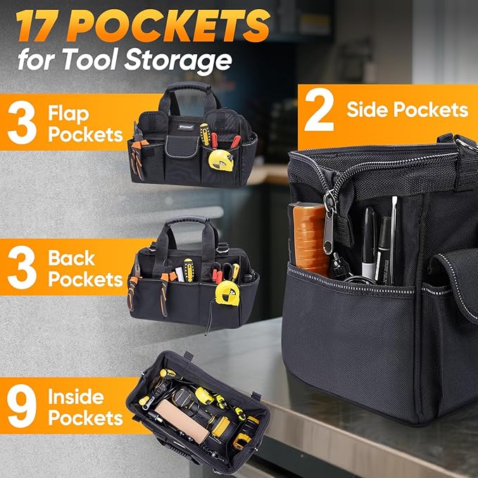 TICONN Heavy Duty Tool Bag with Multi-Pockets, Portable Tool Box Organizer Storage Bag, with Adjustable Shoulder Strap and Ergonomic Handle (Black, 14" Standard Base)