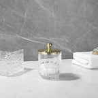 Clear Transparent Apothecary Vertical Wavy Glass Jar With Gold Metal Lid Cover for Bathroom Organization, Cotton Balls, Q Tips, and Small Accessories, Bathroom Storage