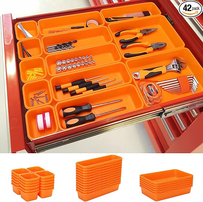 42 Pack Tool Box Organizer Tool Tray Dividers, Rolling Tool Chest Cart Cabinet Workbench Desk Drawer Organization and Storage for Hardware, Parts, Screws, Nuts, Small Tools Organization(Orange)