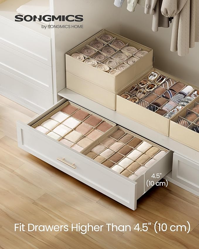 SONGMICS 4 Pack Drawer Organizers, 80 Cells (2x16+2x24), Foldable Dividers, 11.8 x 11.8 x 3.9 Inches, for Socks, Underwear, Ties, Belts, Summer Sand URUS011K01