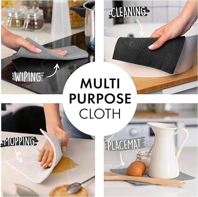 SUPERSCANDI 6 Pack Swedish Dishcloths for Kitchen - 100% Biodegradable & Compostable Reusable Paper Towels Washable, Food-Safe & Without Plastic - Dish Rags Suitable for Any Surface, Black